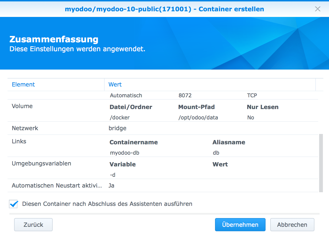 Docker - Synology MyOdoo Zusammenfassung Fortsetzung