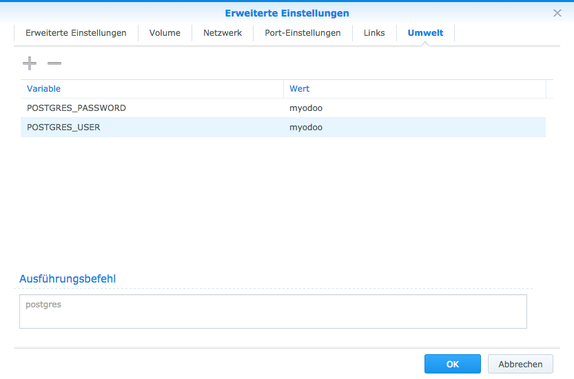 Docker - Synology PostgreSQL Variablen unter Umwelt