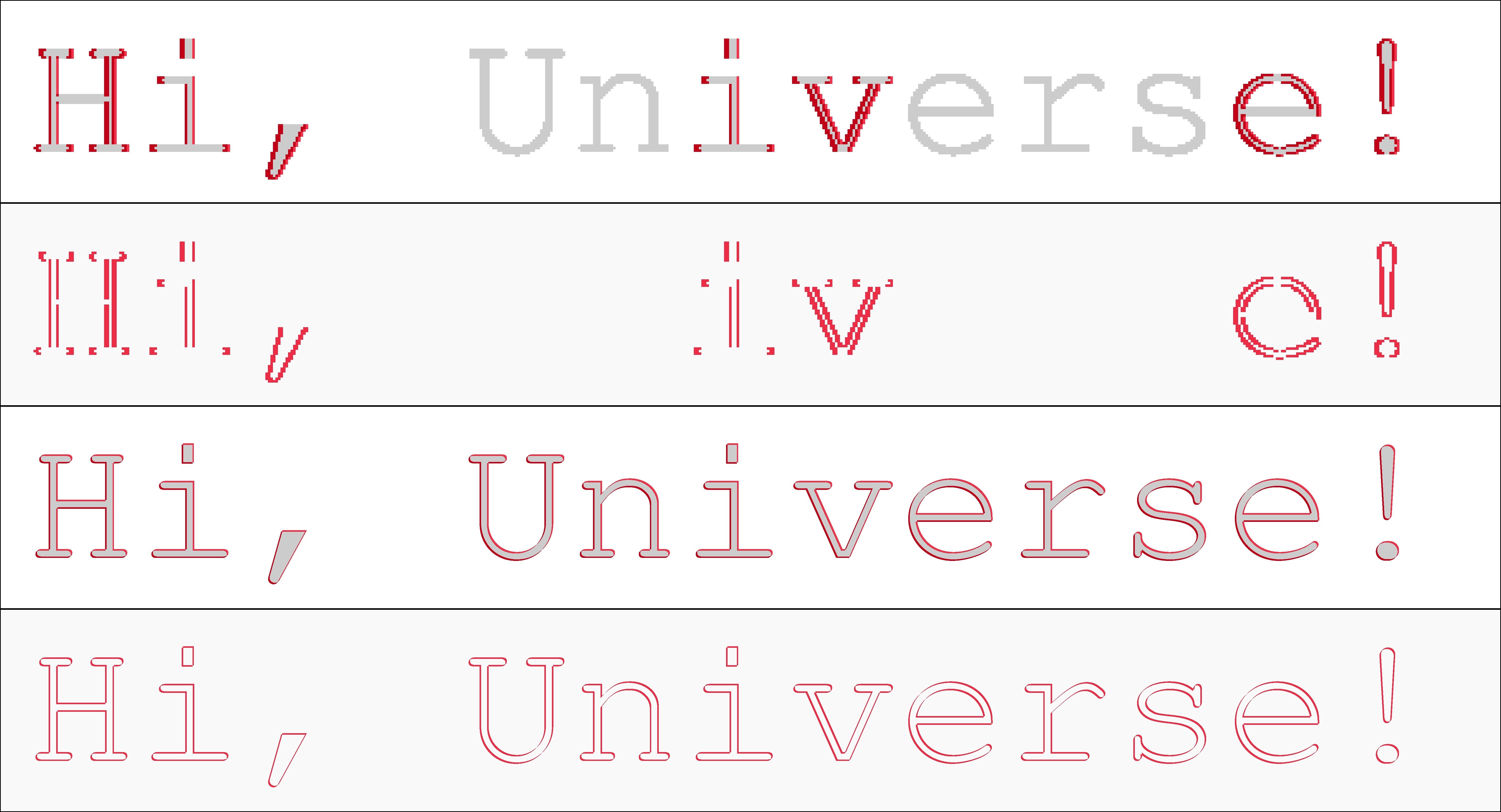 Four different ways to visualize the differences between the last two input files. Again a 72 ppi resolution for the top two and a 720 ppi resolution for the bottom ones. The 1st and the 3rd do show a grayscale context background, the others do not. Please zoom in to spot the finer pixel differences between the different resolutions...