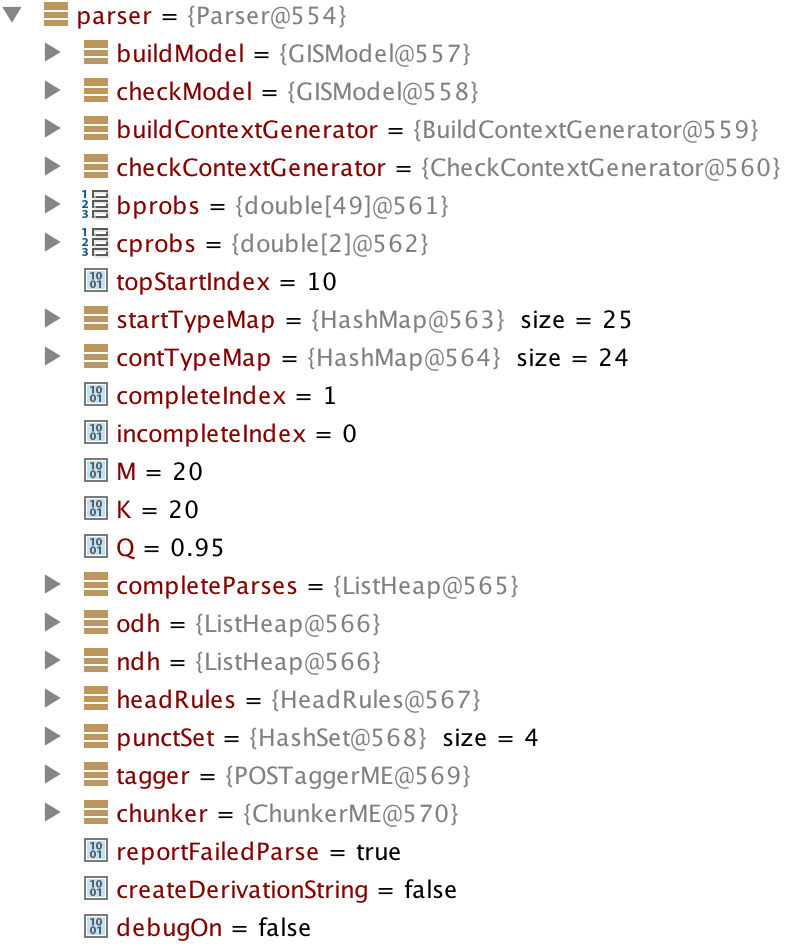 Data in the parser model as seen in IntelliJ