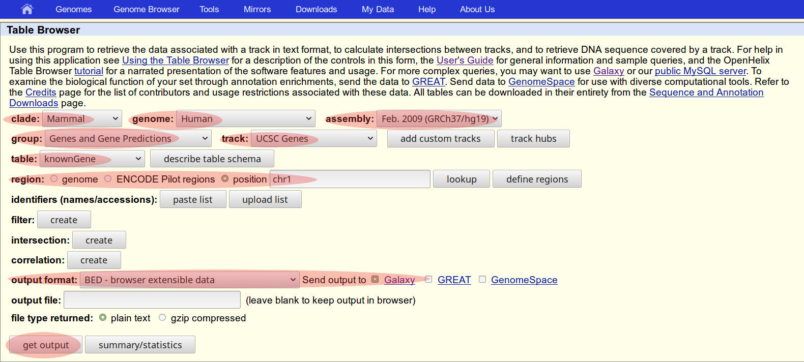 UCSC Genome Table Browser view