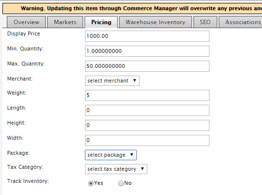 Pricing tab in Commerce Manager