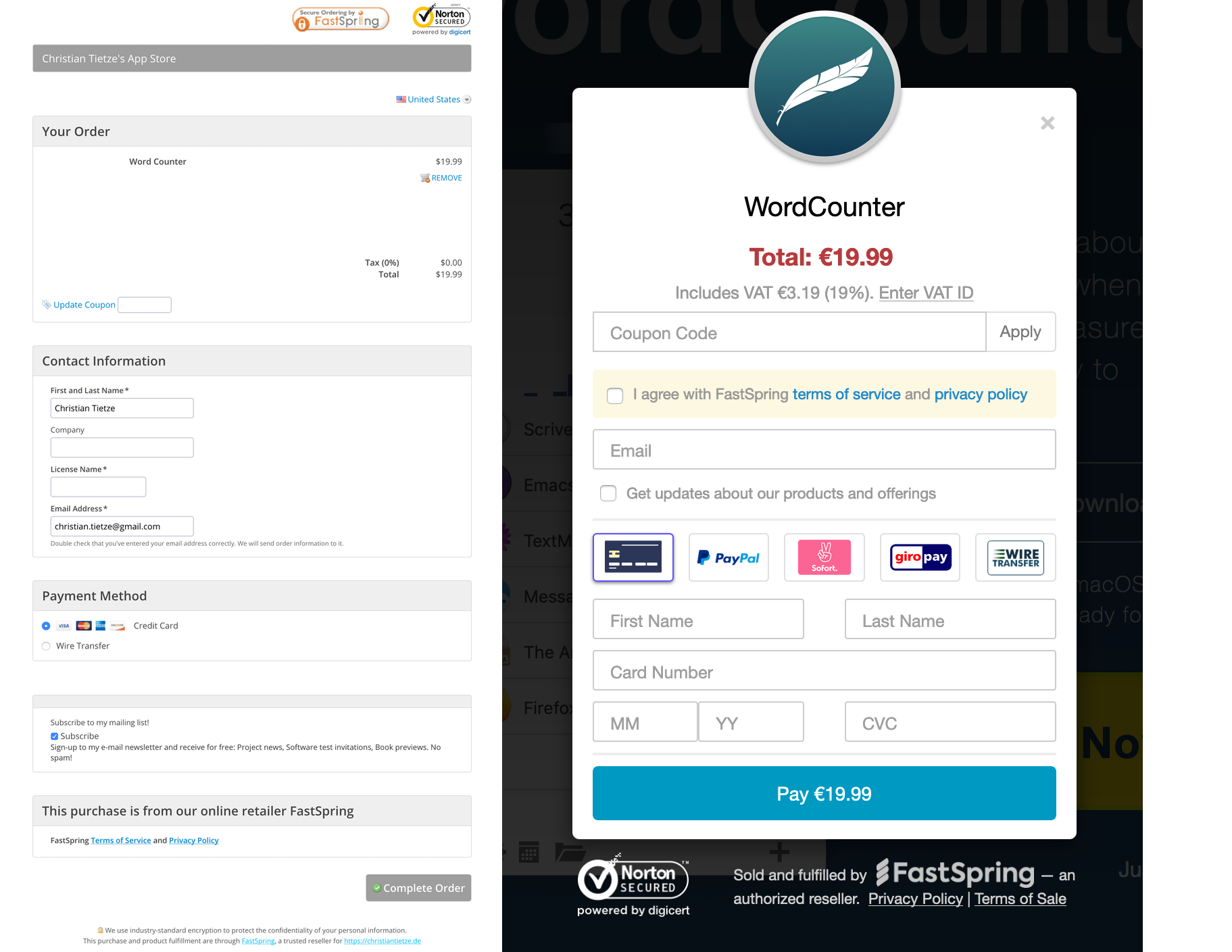Classic's checkout page from the 90s to the left, Contextual's modern popup checkout UI displaying on top of a website to the right, both for one of my apps