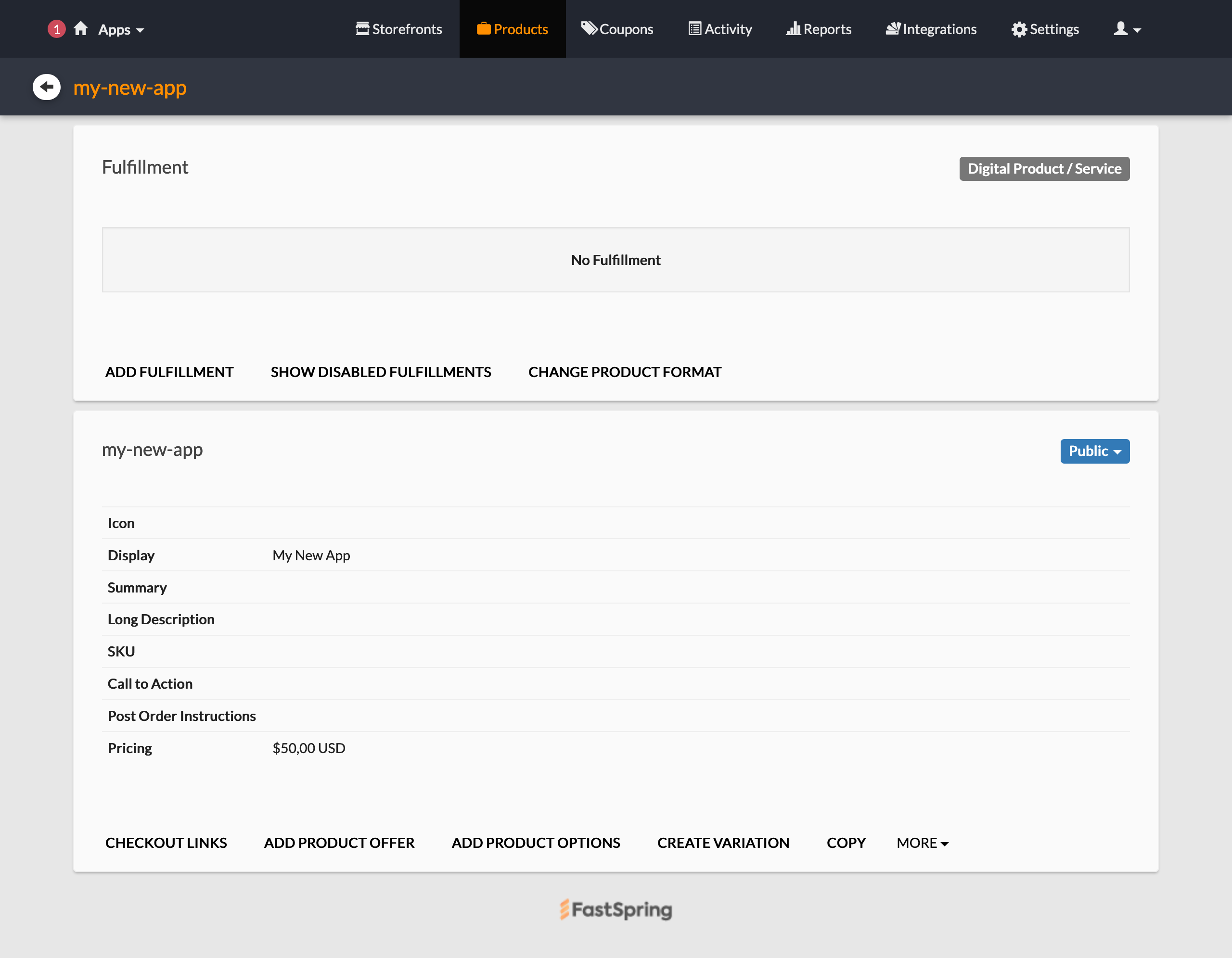 Empty product detail page right after creation