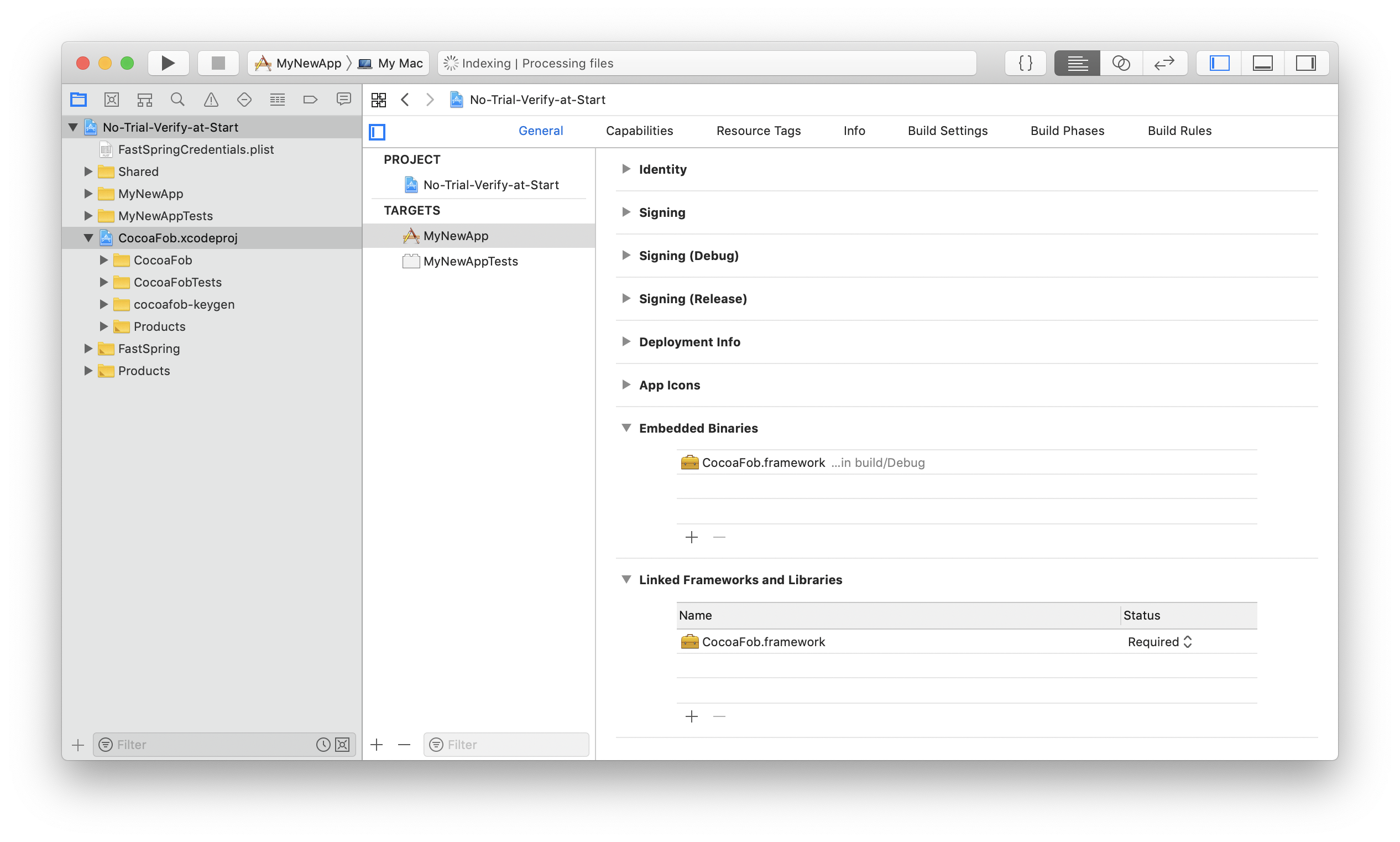 The CocoaFob project is part of the app project, and the resulting Framework is embedded and linked against from the app target