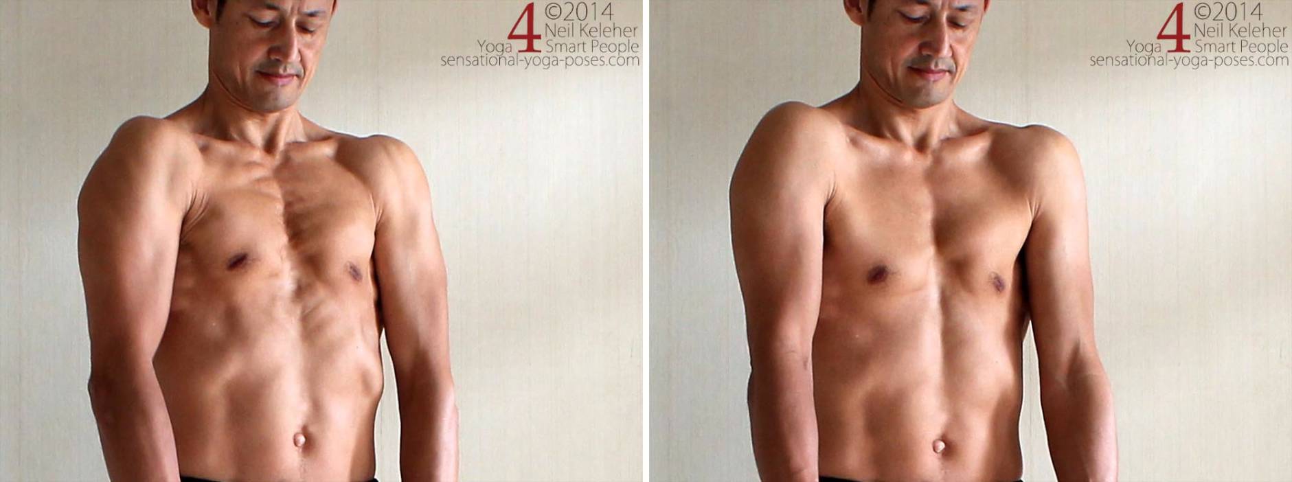 In the first picture my chest muscles (pectoralis major) are activated while pulling my shoulders forwards.   
Try to avoid this and instead keep your chest relaxed as in the second picture.