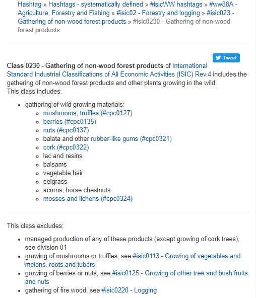 The cpc hashtags for the products of an ISIC class
