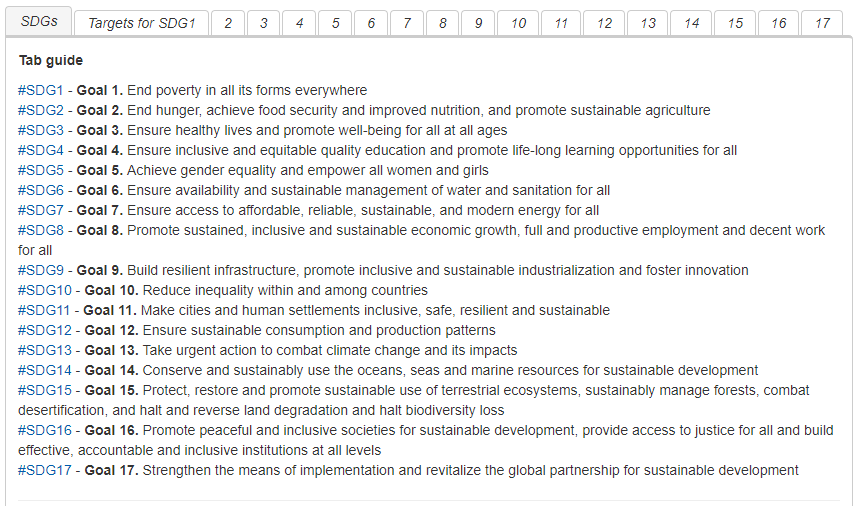 The front page of the tabbed table for the Sustainable Development Goals and Targets