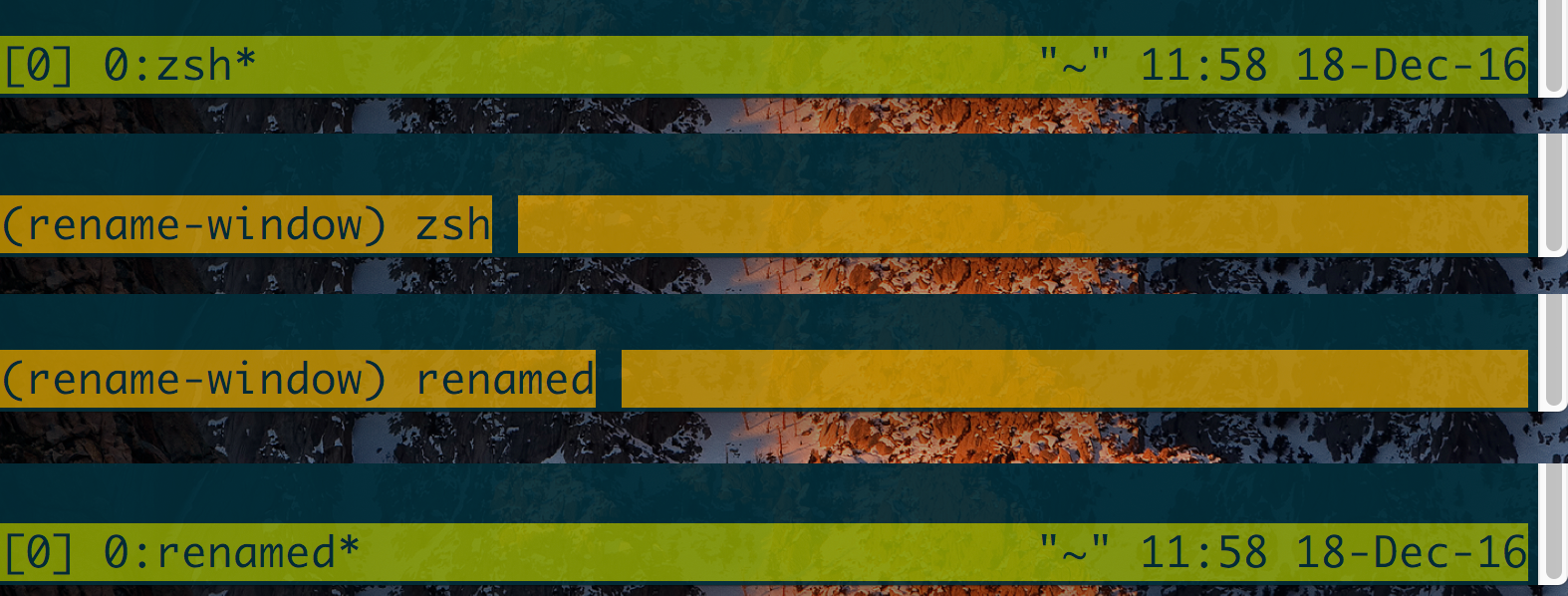 Renaming a window 'zsh' to 'renamed'
