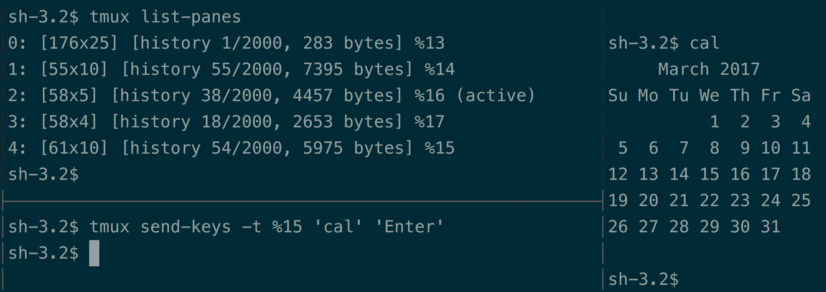 Top-left: Listing panes, Bottom-left: Sending keys to right pane, Right:
Output of cal(1).