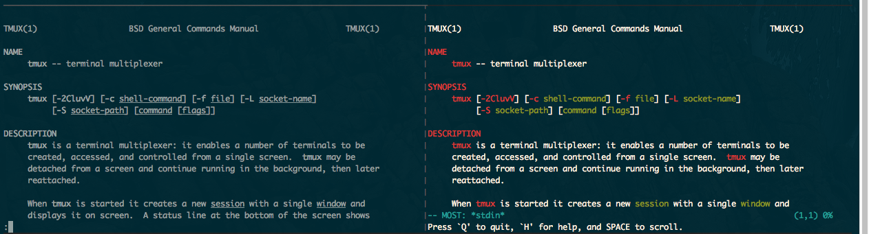left: man, version 1.6c on macOS Sierra. right: MOST v5.0.0