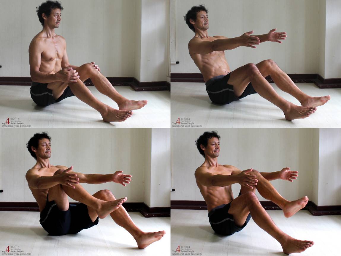 1. Sitting upright with chest lifted.
2. Leaning Back with arms reaching forward and heels on the floor.
3. Lifting one thigh.
4. Lifting the other thigh.