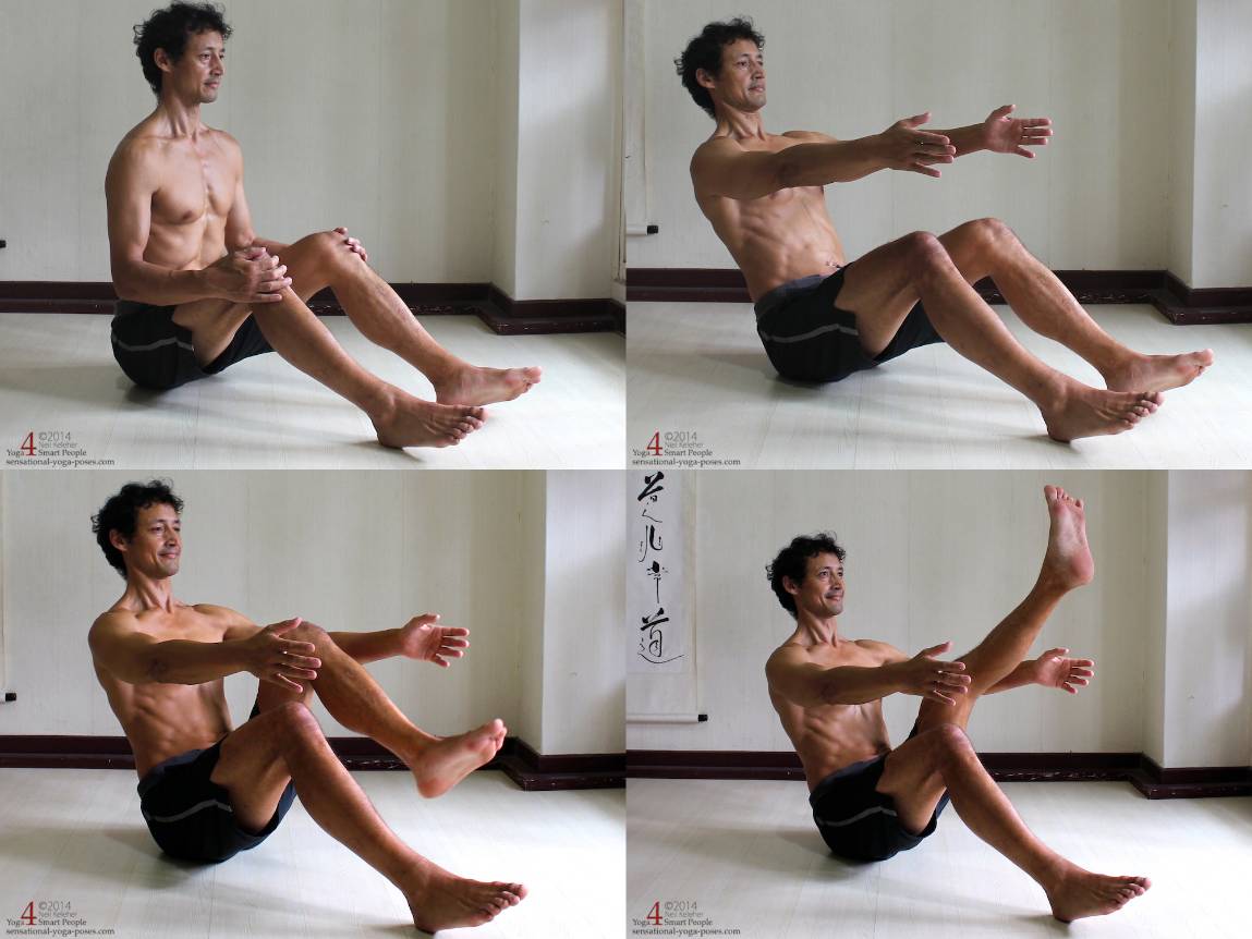 1. Sitting upright with chest lifted.
2. Leaning Back with arms reaching forward and heels on the floor.
3. Lifting one thigh.
4. Straightening the knee (thigh doesn't move.)