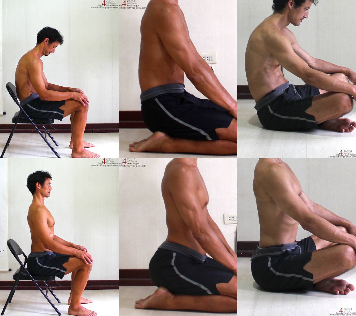 Practicing pelvic and Spinal Awareness while in a chair, kneeling and sitting cross legged. The top row shows a relaxed or "bent forwards" spinal position.   
The bottom row shows a backwards bending spine with the pelvis rolled forwards (so that sacrum is lifted.) 