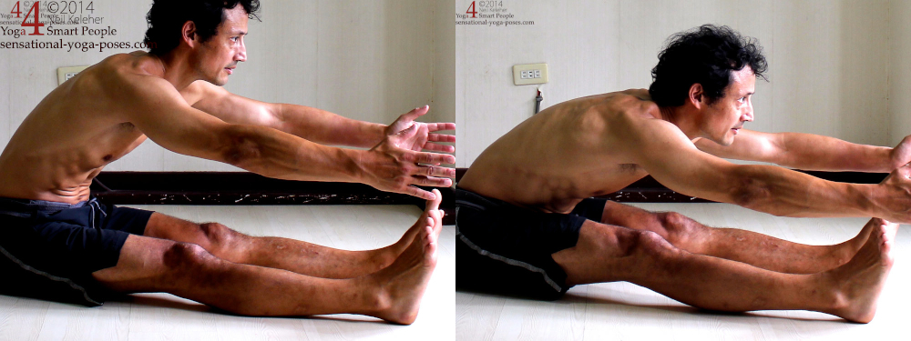 Bending forwards, lifting both thighs with knees straight and hands lifted.