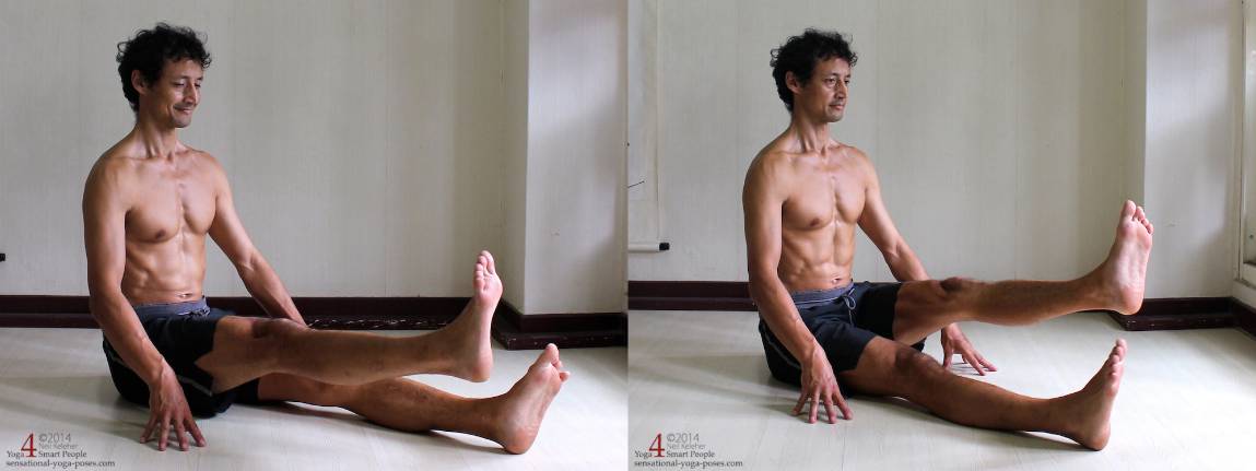 Sitting upright, lifting one thigh at a time with knee straight.