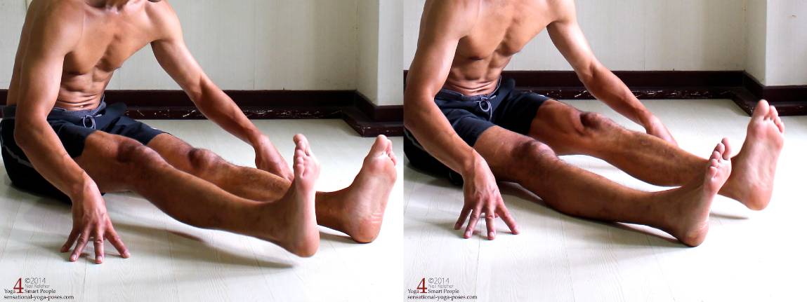 Slightly bent forwards, pulling upwards on one thigh at a time with knee straight.