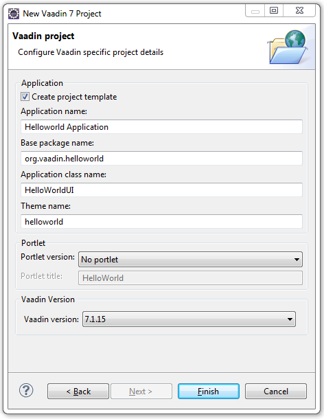 Letzte Dialogseite des Wizards für neue Vaadin 7 Projekte
