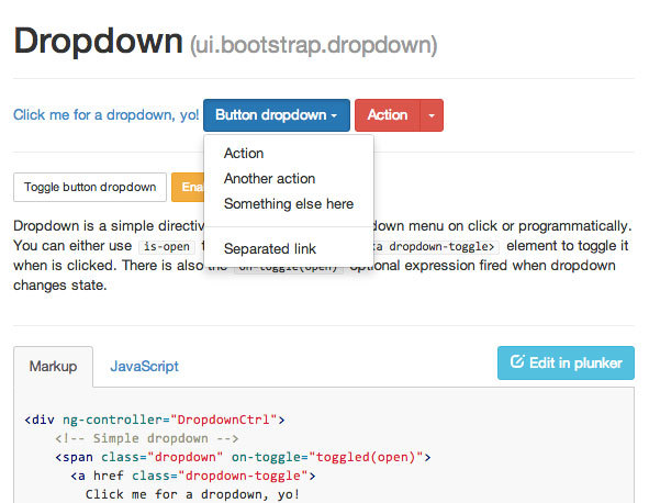 Example section from the AngularUI Bootstrap team's site shown their dropdown usage
