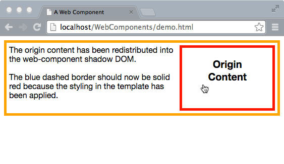 Screen grab after instantiating the web component including content redistribution and application of template styles to the content node.