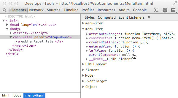 Inspection of the MenuItem prototyope object "parentComponent" property