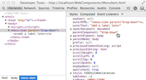Inspection of the `<menu-item>` "parentComponent" instance property