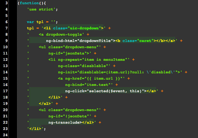 Generated Dropdown.js after the Grunt task replaces the "import" statement with the template JavaScript