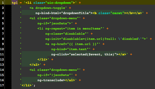 Generated Dropdown.tpl.js after conversion to valid JavaScript by a Grunt task