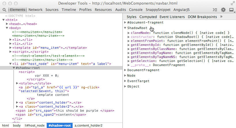 A view of the logical DOM (left) and a shadow DOM object (right)