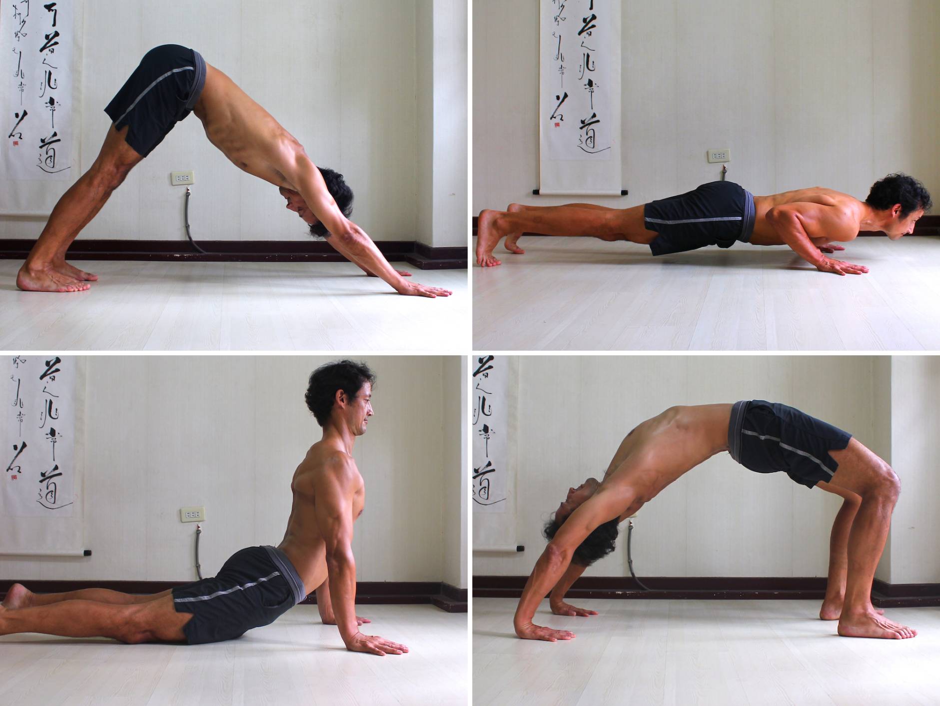 Poses where "Using and Feeling the Ground" can be helpful:  
1. Downward Dog.  
2. Chaturanga Dandasana.  
3. Upward Dog.  
4. Wheel Pose