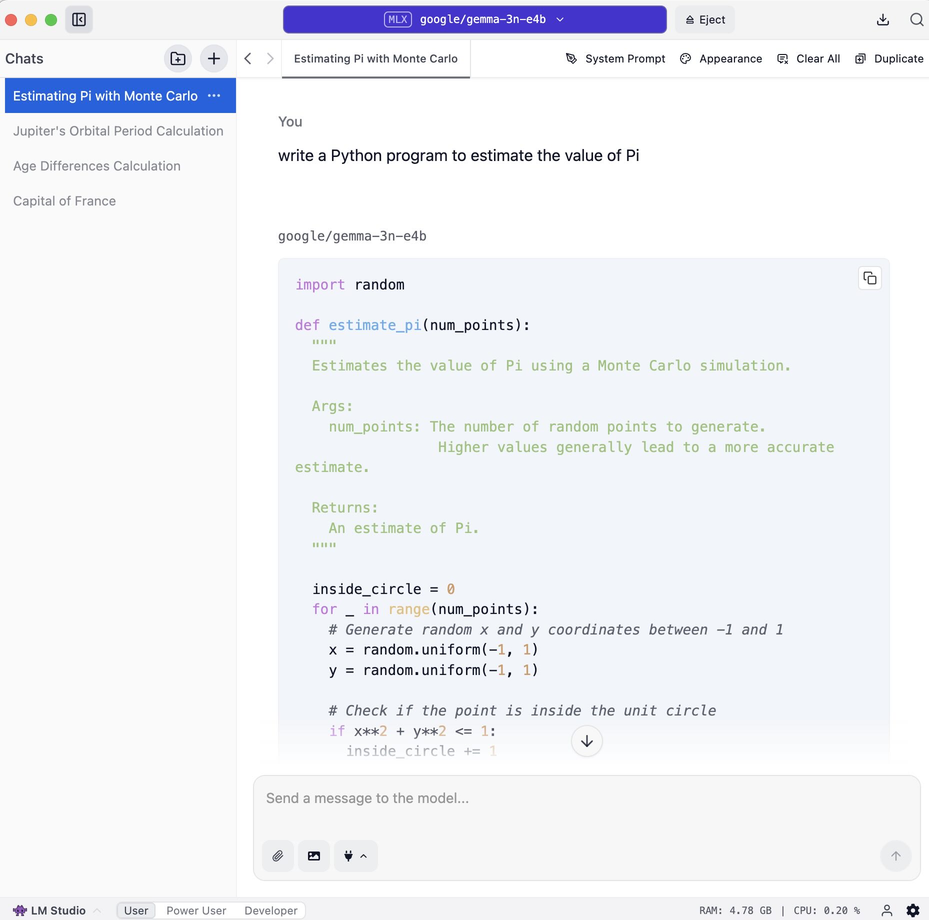 An example of the LM Studio user interface, showing the chat tab.