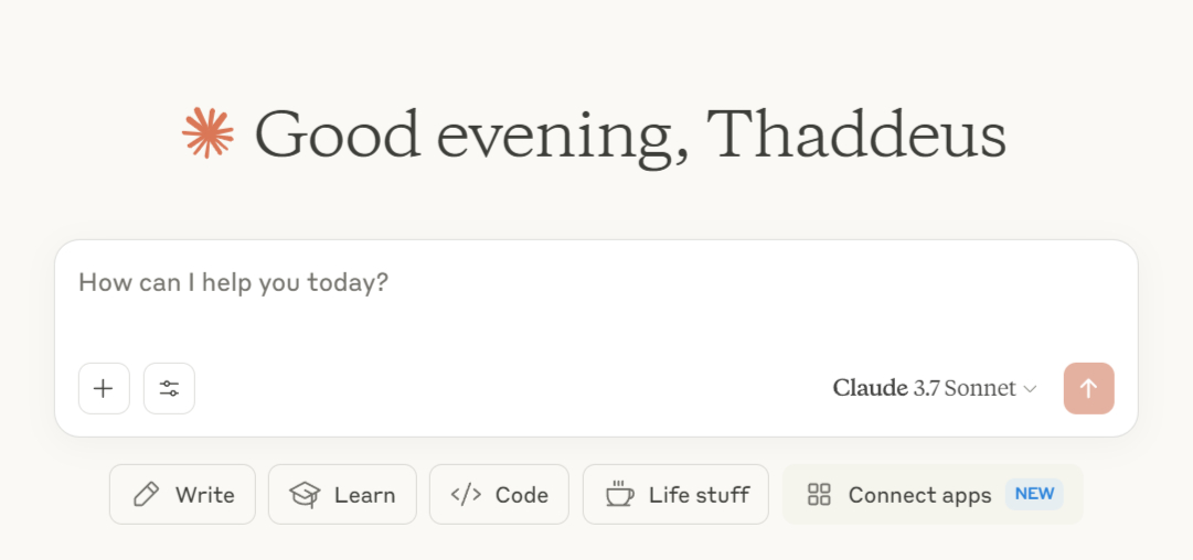A welcome message on a conversational AI interface addressed to Thaddeus, asking how it can help.