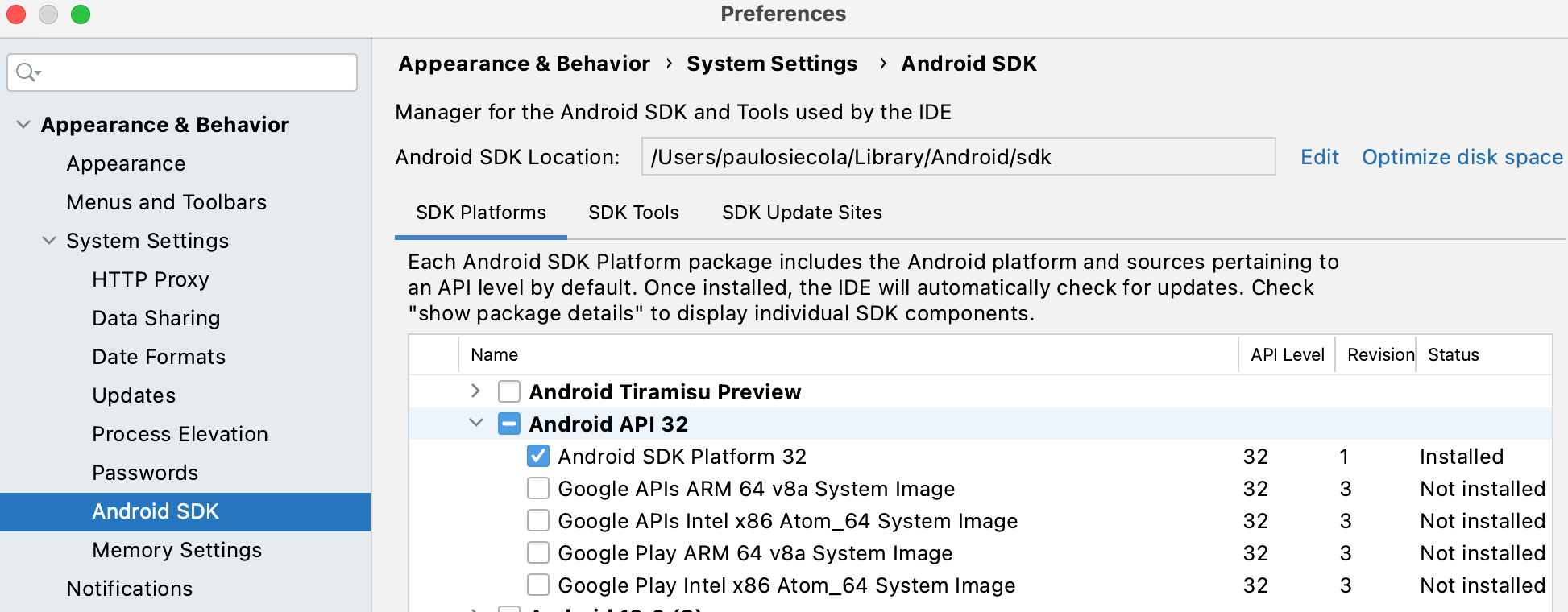 Pacotes necessários do SDK