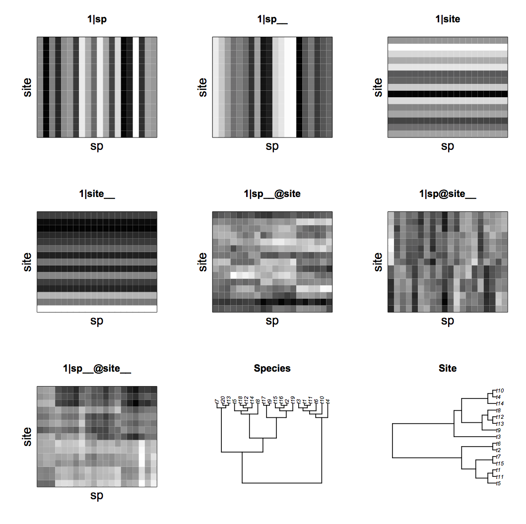 Fig. 4.13: Simulations with 20 species and 15 sites to show the structure of the covariance matrices for the random effects for the bipartite model generated from `communityPGLMM.plot.re()`. The figure also shows the species and site phylogenies.