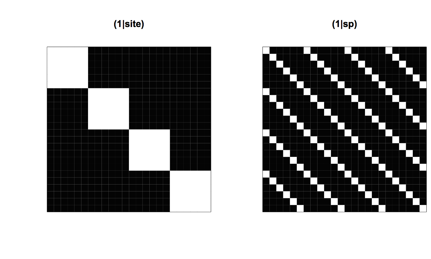 Fig. 4.2: The covariance matrices for the random effects `(1|site)` and `(1|sp)` from `communityPGLMM.plot.re()` as would be produced with `show.image = T`.