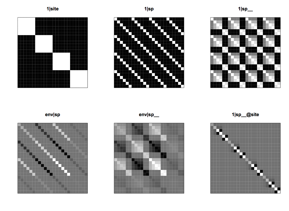 Fig. 4.6: The six covariance matrices in the model for phylogenetic repulsion. `(1|site)` gives the variation among sites in the mean abundance of species they contain, `(1|sp)` and `(1|sp__)` give non-phylogenetic and phylogenetic variation in mean species abundances, `(env|sp)` and `(env|sp__)` give the non-phylogenetic and phylogenetic responses of species to `env`, and `(1|sp__@site)` gives phylogenetic repulsion.