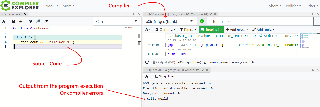 A Compiler Explorer layout used in the book