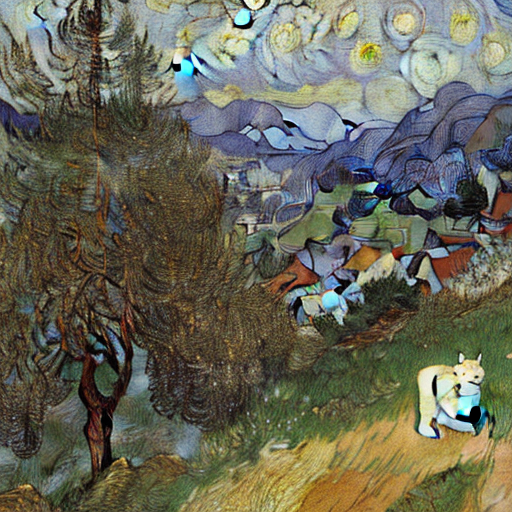 Stable Diffustion Imagining die Verwechslung der weißen Katze mit der Grossmutter im Stile Vincent van Gogh 