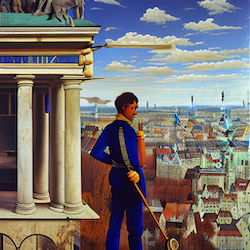 Stable Diffustion Imagining Poellingers Aufbruach von Stuttgart nach Wien im Stile von Max Ernst