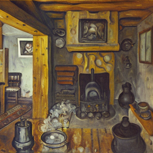 Stable Diffustion Imagining die Wohhütte von Poellingers Kindheit im Stile von Oskar Kokoschka
