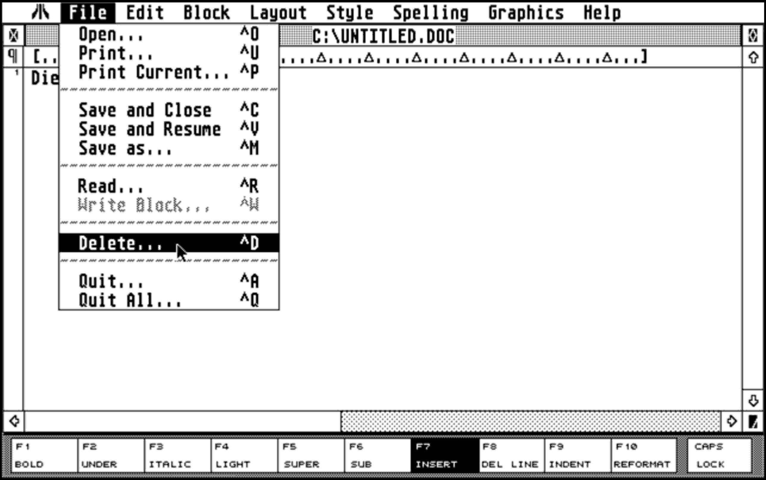 1st Word Plus am Atari ST mit Möglichkeit, Dateien zu löschen