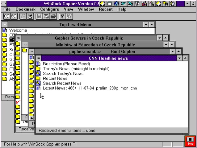 Gopher unter Windows 3.1 Quelle: Youtube-Seite von Jiří Peterka, https://www.youtube.com/watch?v=Kx_040-qewo