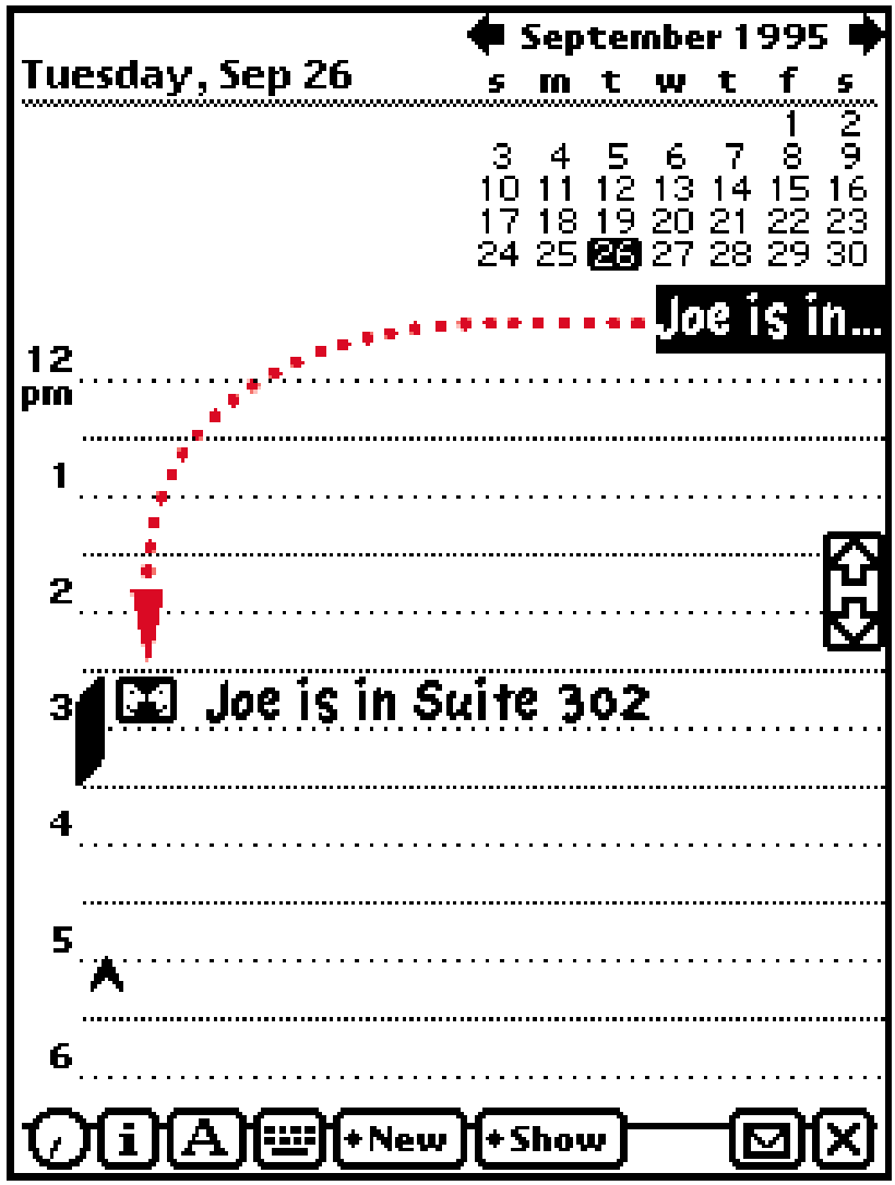 Einfügen eines Satzes in den Kalender des Newton MessagePads. Quelle: Newton 2.0 User Interface Guidelines, Apple Computer, 1996