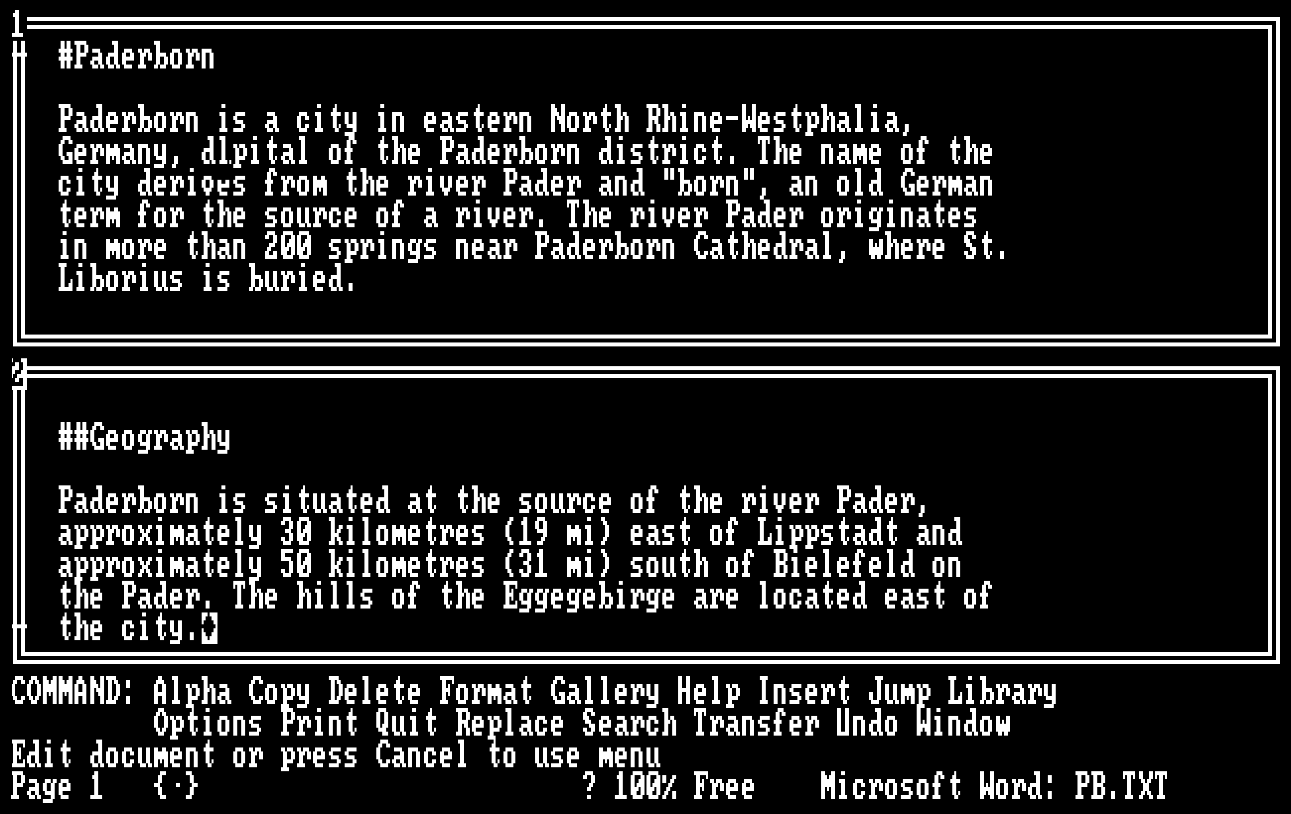 Microsoft Word 1.0 mit zwei Fenstern mit Blick in den gleichen Text