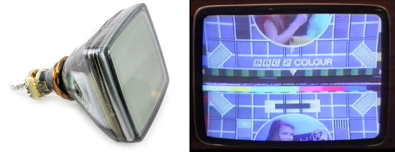 Links: Eine Kathodenstrahlröhre eines kleinen Fernsehers – Raimond Spekking / CC BY-SA 4.0 (via Wikimedia Commons) – Rechts: Die Austastlücke sichtbar gemacht – Quelle: Informationssendung der BBC https://www.youtube.com/watch?v=_bbYlmWnxmc