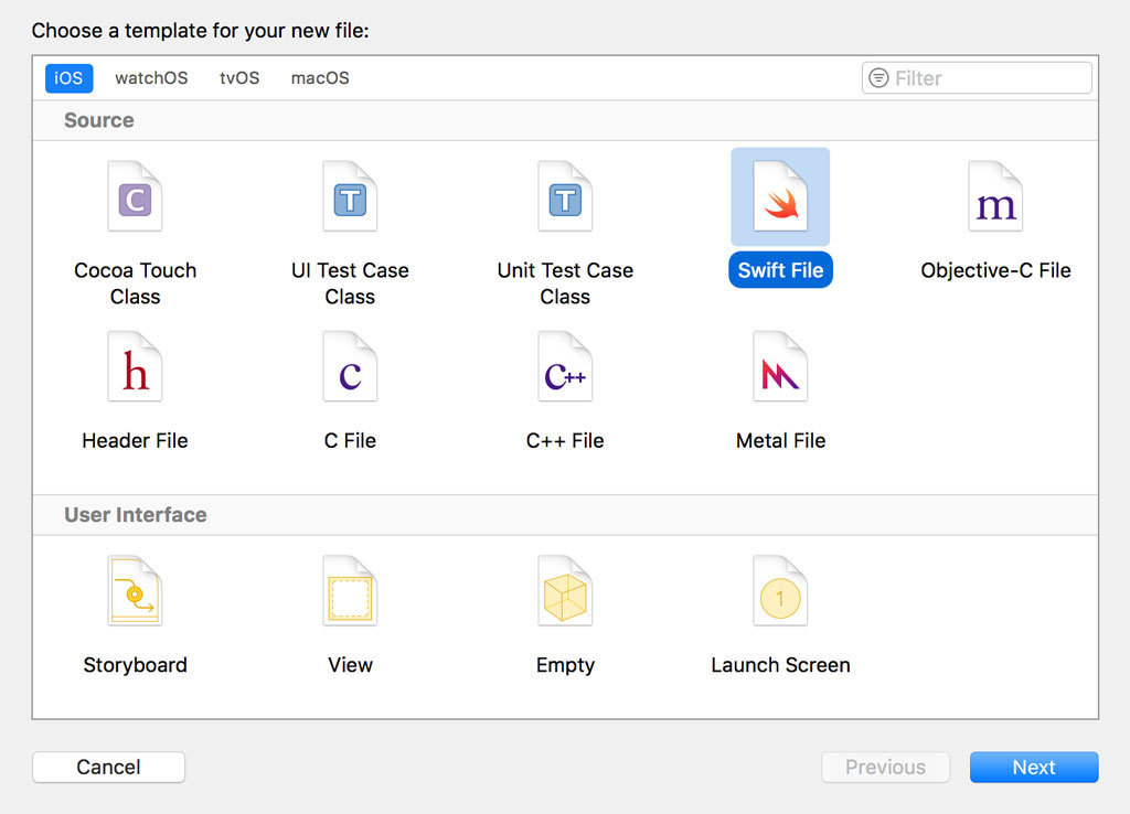 Choosing the Swift File Template