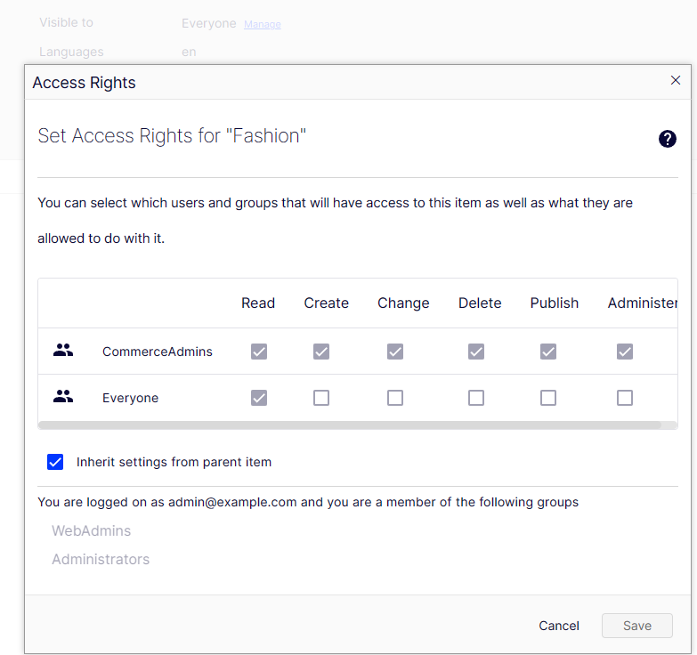 How to set access rights for catalog content