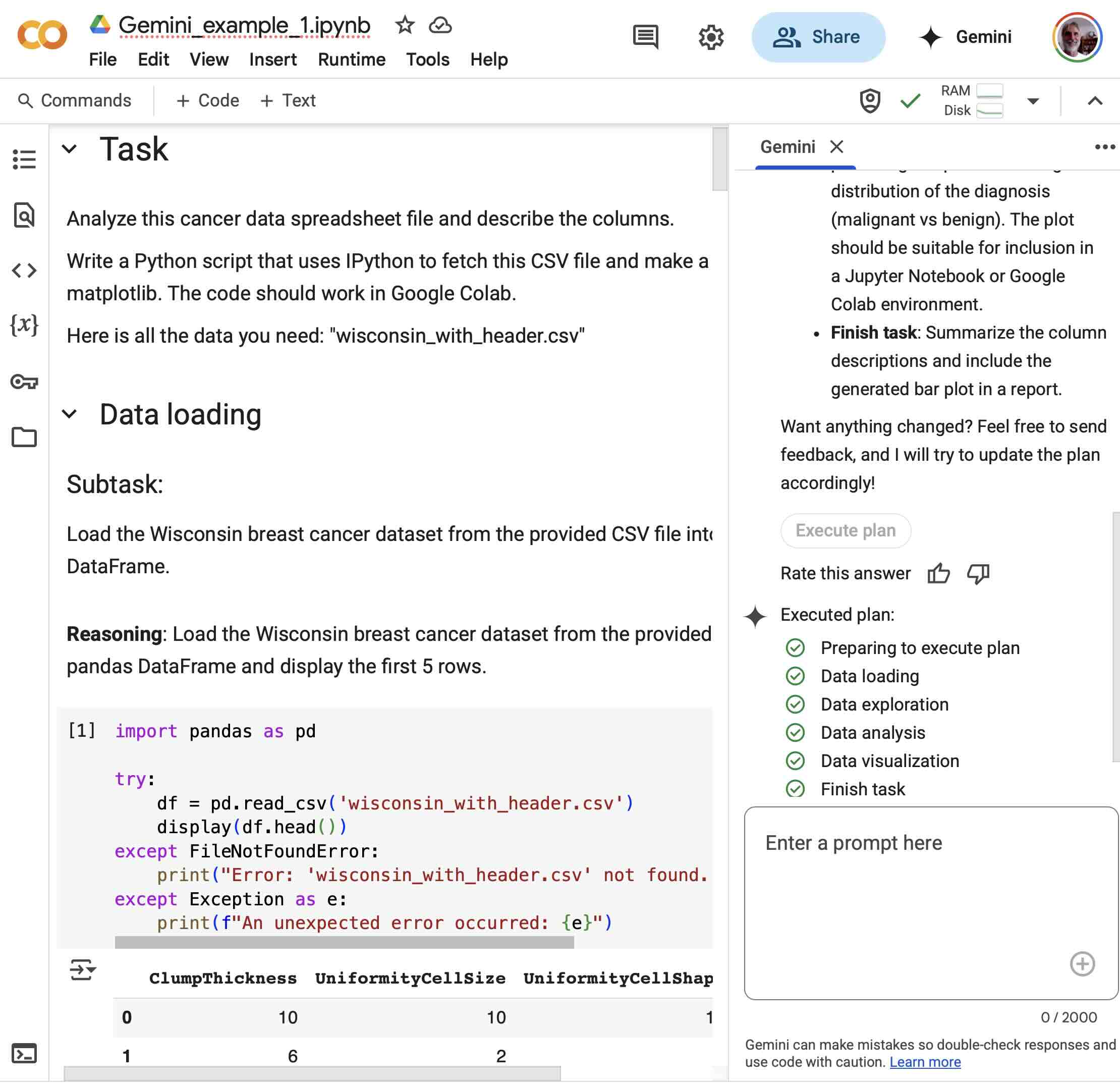 Colab Gemini generating data analysis code example