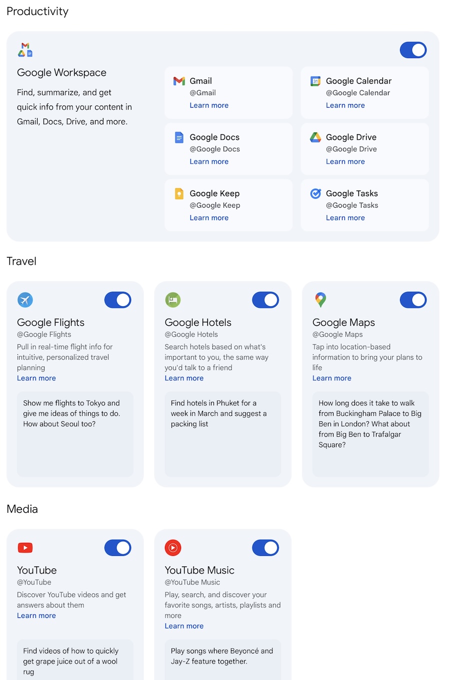 In Gemini’s menu, select Settings & help ->Apps and enable data sharing with Gemini