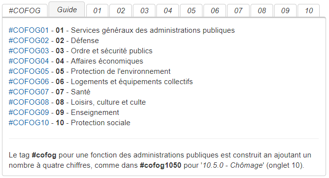 Les divisions de la COFOG sur la page de l'onglet 'Guide' de la table à onglet